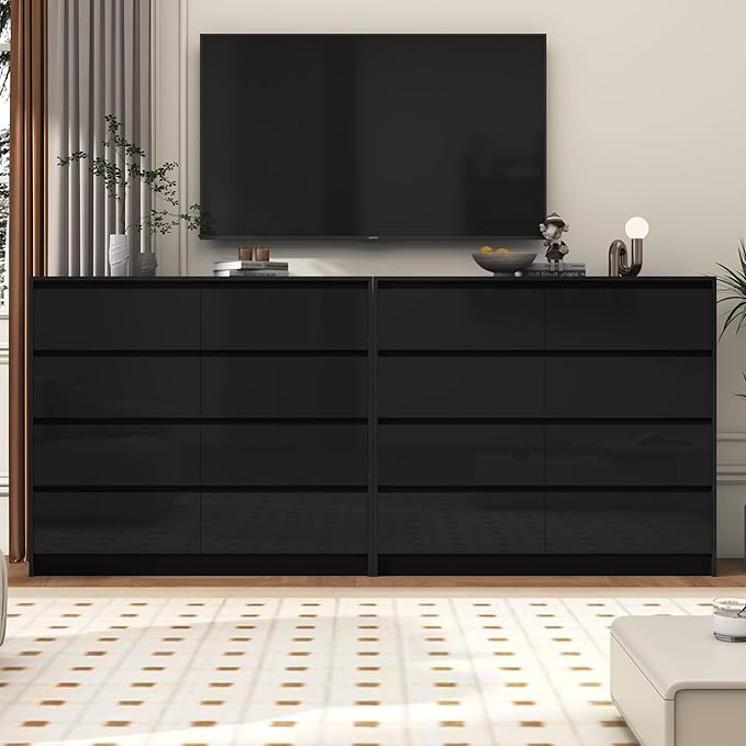 Black Malm High Gloss Dresser for Bedroom, 47" Wide 41" Tall Dresser with 8 Drawers, Modern Large Wood Chest of Drawer Handle Free, Living Room, Entryway, Hallway, Black