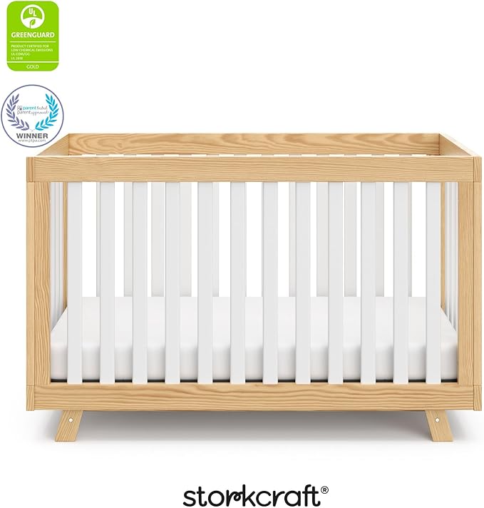 Storkcraft Beckett Convertible Crib (Natural with White Slats) – Converts from Baby Crib to Toddler Bed and Daybed, Fits Standard Full-Size Crib Mattress, Adjustable Mattress Support Base