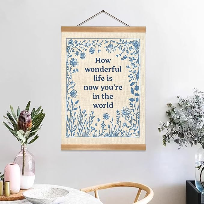 ZTGDA Boho Wall Art Poster – Abstract Watercolor Canvas Print, Linen Hanging Banner Wall Decor for Nursery Playroom Kids Room,Vintage Aesthetic Home & Office Decor (How wonderful-blue)
