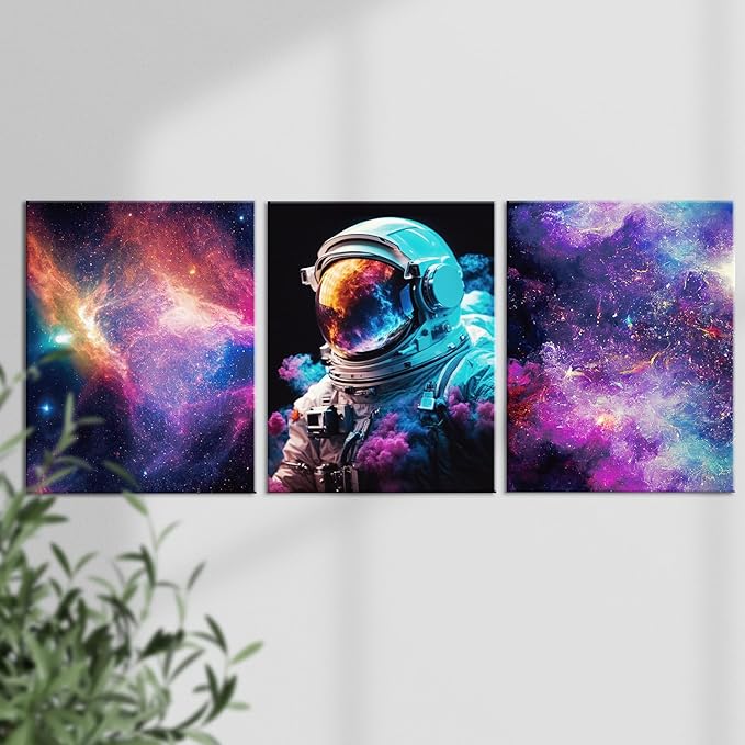 Outer Space Canvas Prints & Posters - Framed Astronaut Artwork for Bedroom Decor, Teen Boy & Girl Room, 3 Panels