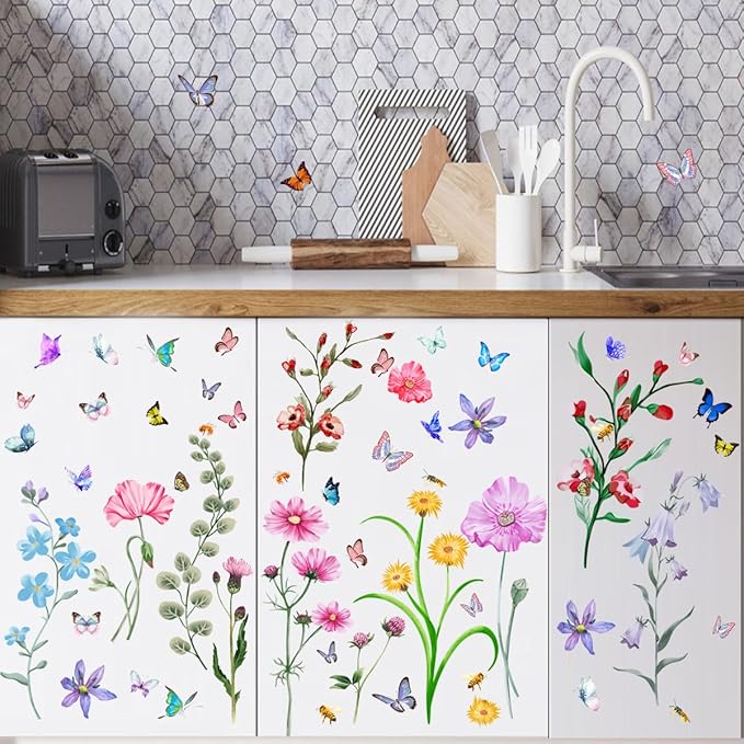 6 Pieces Flowers Wall Decals Vinyl Floral Wall Stickers Removable Floral Murals Peel and Stick Colorful Flower Decor for Girls Bedroom Living Room Nursery (Colorful)