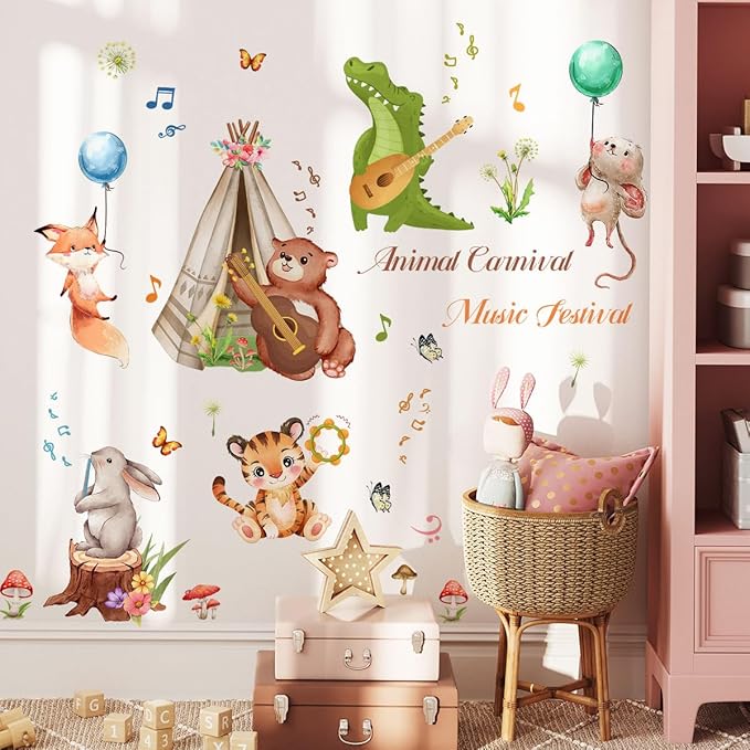Animal Wall Decals Peel and Stick Bear Crocodile Wall Sticker Removable Safari Tiger Wall Decal Music Wall Stickers for Bedroom Nursery Classroom
