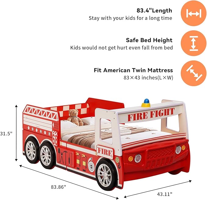 LKTART Twin Size Car Bed for Kids, Fire Truck-Shaped Wooden Platform Bed Frame with LED Lights, Headboard Wheels and Support Slats for Boys Toddlers Child's Bedroom (Red)