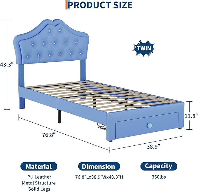 Garvee Twin Size Bed Frame with LED Lights & Velvet Crystal Button Headboard, Upholstered Boy/Girl Platform Bed with Storage Drawer, Noise Free, No Box Spring Needed for Kids, Teens, Blue