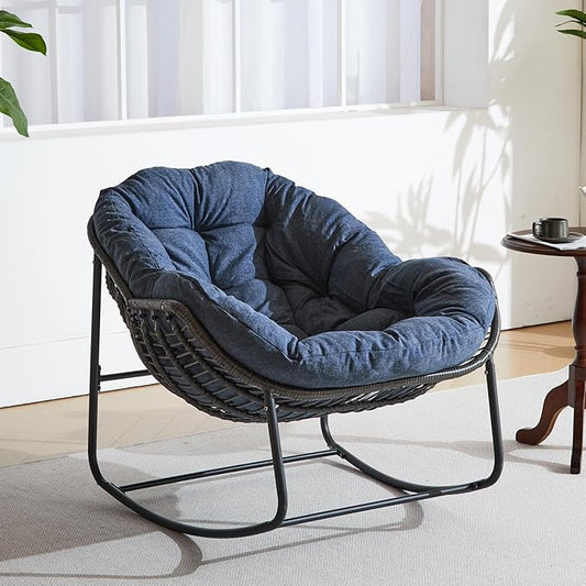 Oversized Outdoor Papasan Rocking Chair with Soft Cushion, Comfy Patio Egg Chair, Wicker Lounge Rocker for Balcony/Porch/Garden, Reinforced All Weather Rattan Frame, 330 lbs Support, Navy Blue