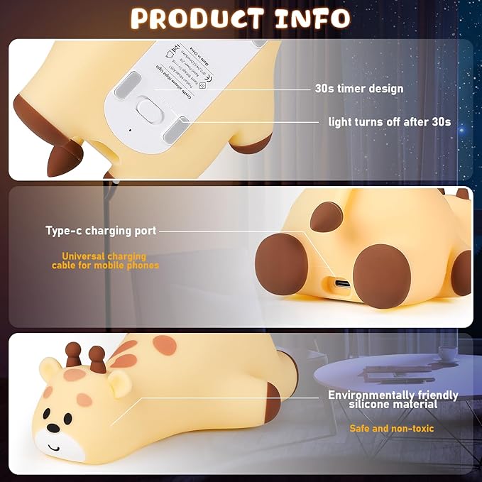 Cute Giraffe Night Light for Kids，3-Level Dimmable Nursery Nightlight, Silicone Squishy Light Up , Rechargeable Touch Control Nursery Bedside Light, Christmas Gift for Baby Toddler grandkids Room