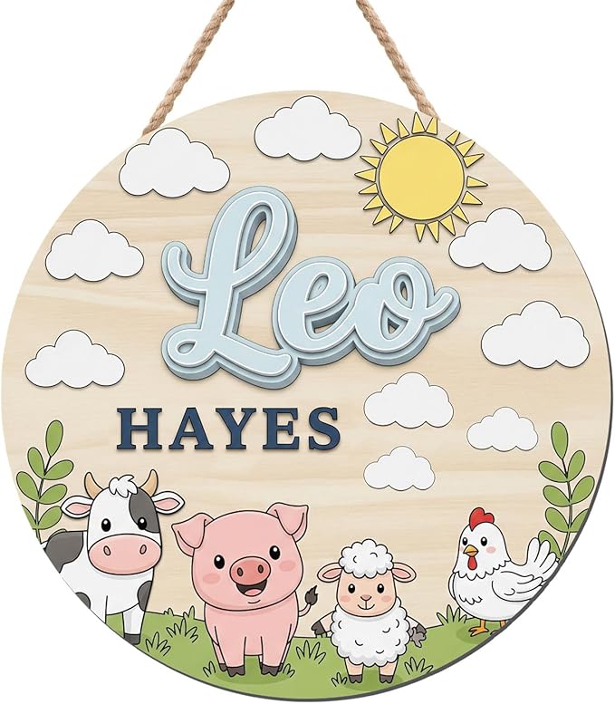 Farm Animal Wooden Name Sign for Wall – Personalized Wooden Door Plaque with Cow, Pig, Sheep, and Chicken, Custom Nursery Name Wall Decor for Boys or Girls Bedroom