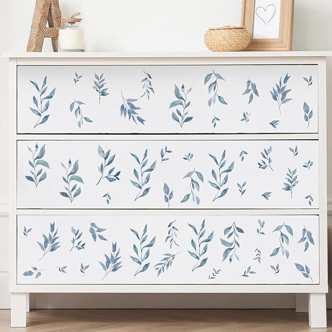Watercolor Leaves Wall Stickers Blue Country Leaf Wall Decals Peel and Stick Small Tree Leaf Wall Stickers Removable Botanical Plant Leaves Wall Decals for Bedroom Living Room Decor