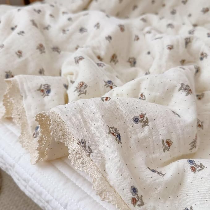 BuLuTu Pansy Flower Pattern Toddler Quilt Crib Size, Muslin Cotton Kids Comforter with Lace Edges, Chic Shabby Floral Print Toddler Bed Blanket, Nursery Decor, 47x59 Inches