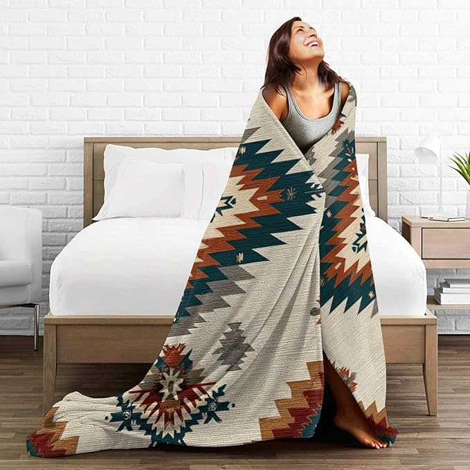 Boho Western Blanket Aztec Tribal Southwest Throw Blanket Southwestern Navajo Soft Cozy Fleece Fuzzy Stuffed Plush Flannel Gifts for Girls Women Boys Kids Adults 40''x50''