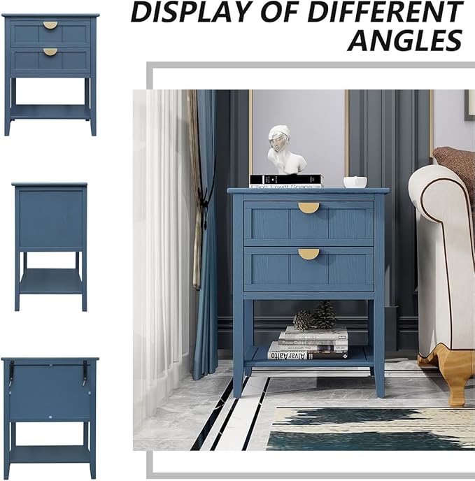 PElHONGET Nightstand with 2 Drawers, Accent End Table Mid Century Modern Side Table with Shelf Storage, Bed Night Stand with Metal Handles Wood for Bedroom, Living Room (Blue)