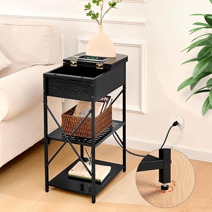 Livofloral Narrow Side Table with Charging Station, End Tables Set of 2 for Small Spaces, Flip Top End Table with Storage, Black End Tables Living Room, Nightstand Set 2 with Drawer for Bedroom