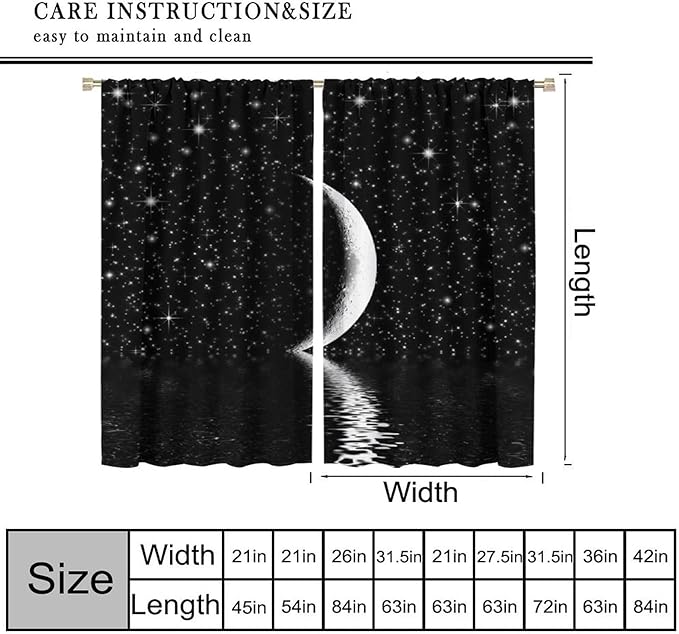 Night Starry Sky Curtain, Black Moon Phase Cloud Stars White New Moon Sparkly Shiny Galaxy Space Lake Fantasy Window Curtains for Kids Boys Girls Room Bedroom Living Room 63" W X 72" L