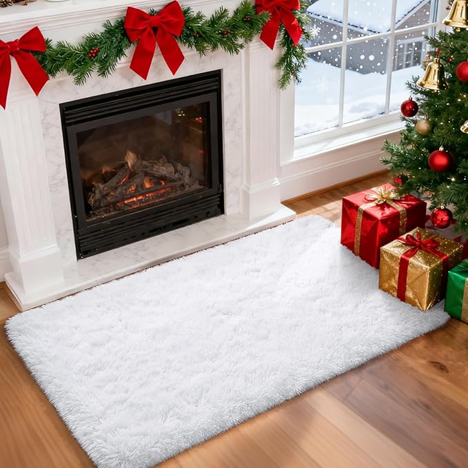 Merelax Fluffy Rug Shaggy Area Rug, Snow White 2x4 Small Rugs for Fireplace Holiday Christmas Decor, Mini Fuzzy Plush Kids Bedside Rug, Soft Non-Slip Entryway Throw Rugs Shag Catpet for Living Room ﻿