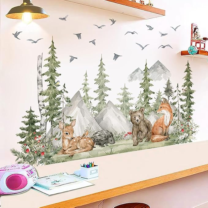4 Sheet of 36x12 inch Mountain Forest Wall Decal Woodland Bear Fox Deer Peel and Stick Wallpaper for Kids Boys Bedroom Nursery Playroom Large DIY Watercolor Animal Tree Mural Wall Art Decor