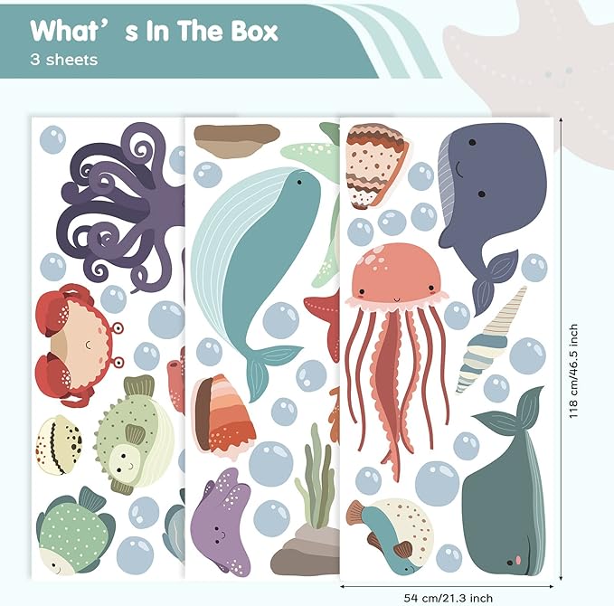 Sea Life Wall Decals Removable Vinyl Ocean Decor Stickers for Boys Girls Bedroom Bathroom Baby Room Nursery Classroom Decoration
