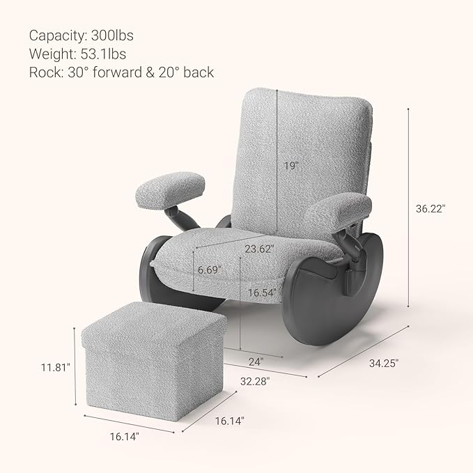 MAMAZING Nursery Rocking Chair Glider with Ottoman for Breastfeeding, Upholstered Nursing Chair with Removable Cover for Mom and Baby, Reading Chair for Bedroom, Living Room(Black/Grey)