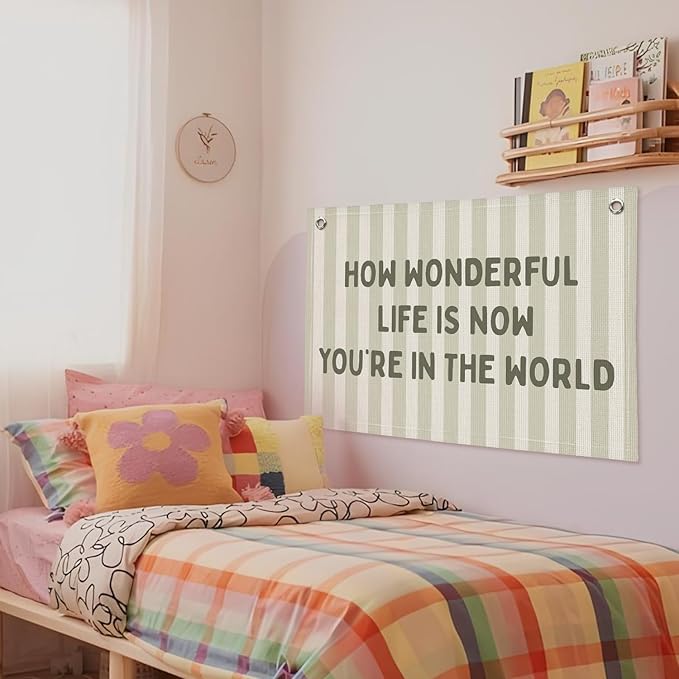 How Wonderful Life is Now Wall Art Decor, Sage Green Baby Room Nursery Linen Canvas Banner Wall Hanging Flag Decor for Toddler Girls Boys Room Playroom