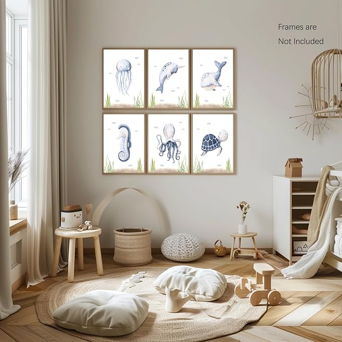 Wodkwq Nursery Wall Art Sea Animal Canvas Prints Baby Girl Boy Room Decor Watercolor Paintings Pictures Cute Ocean Theme Toddler Room Decoration Set of 6 for Kids Bedroom Bathroom 12x16in Unframed