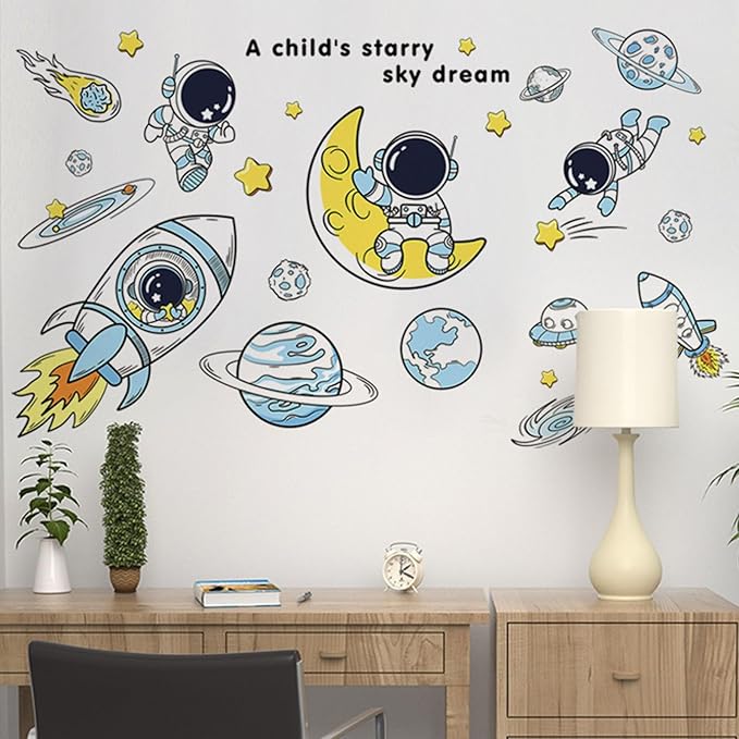 Space Decor Astronaut Wall Stickers - Space Theme Bedroom Classroom Playroom Murals & Decals - Wall Decals for Boys Girls Room - Outer Space Wallpaper With Planets