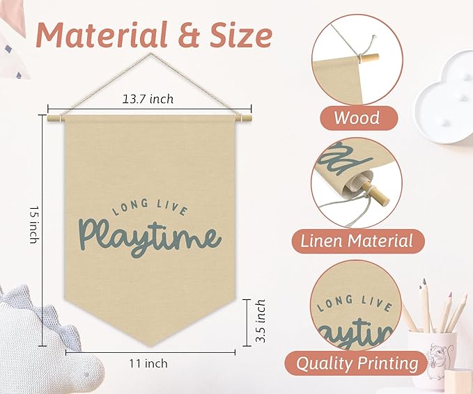 Playroom Decor, Long Live Playtime Neutral Linen Canvas Banner, Play Room Wall Hanging Pennant Flag Banner for Nursery Toddler Kids Room Bedroom Playroom Decor, 15x11in