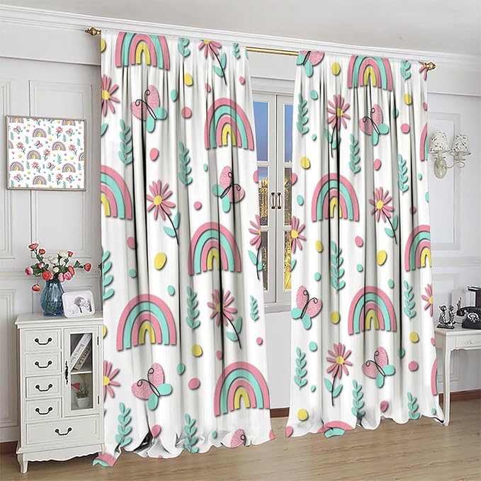 Kids Rainbow Curtains Boho Cartoon Colorful Stars Love Heart Lovely Abstract Art Pattern Print Window Drapes for Girl Bedroom Living Room Kitchen Decor,2 Panel Set,63Wx63H Inch Blackout