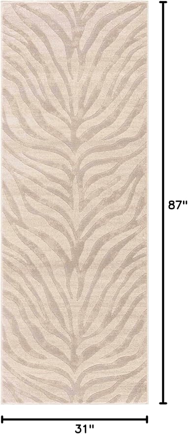 Hauteloom Manteca Animal Zebra Print Runner Rug for Living Room Hallway, Kitchen - Distressed Faded Style - Cream, White, Beige, Gray - 2'7" x 7'3" (2x8)