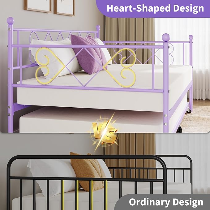 Daybed with Trundle, Trundle Bed Twin with Heart-shaped Headboard for Kids, Sturdy Metal Day Bed with Steel Slat Support, Twin Daybed for Living Room, Bedroom and Guest Room, Easy Assembly, Purple