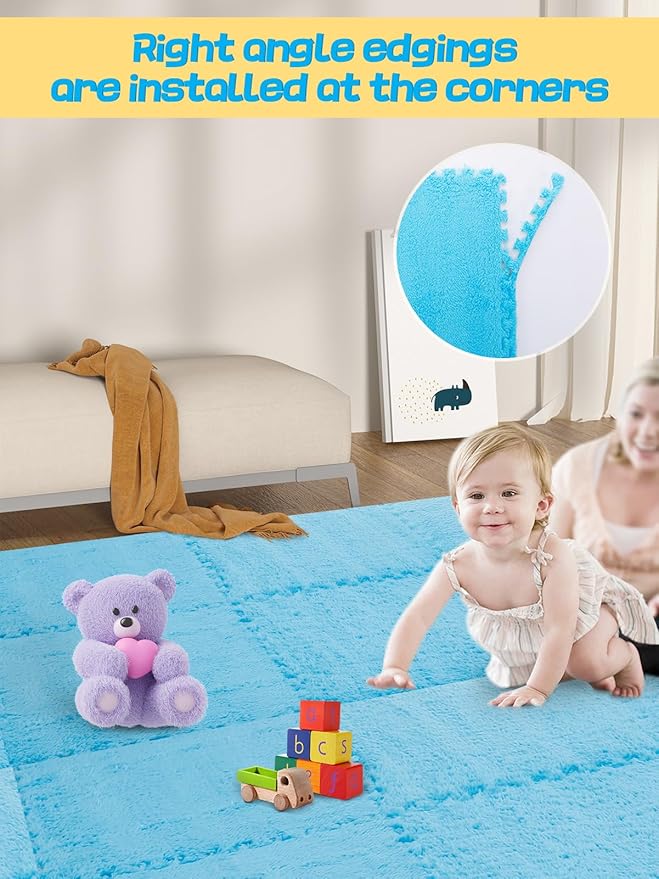 12 pcs Thickened Plush Foam Interlocking Floor Mats, Foam Mats for Floor Baby with Edgings, Soft Anti-Slip Square Foam Tiles, Puzzle Area Rug Playmat for Room Flat (11.8", Blue)