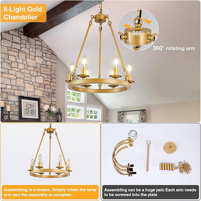 Wagon Wheel Chandelier, 6-Light Gold Round Modern Farmhouse Chandelier with Adjustable Height Hanging Island Light Fixture for High Ceiling Dining Room, Kitchen, Living Room, Entryways, Foyer