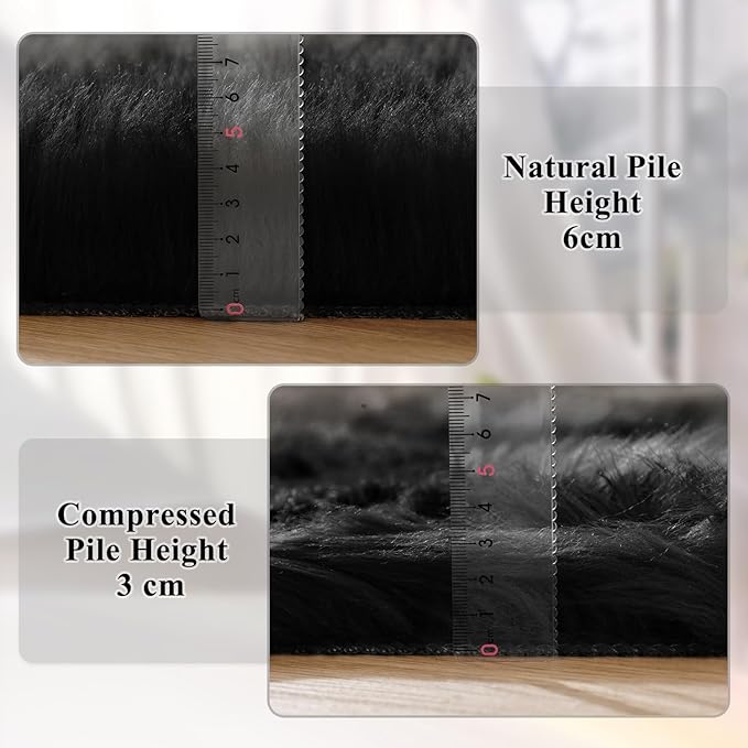 Black Round Rugs 6ft Fluffy Washable Faux Sheepskin Shaggy Fur Rugs for Bedroom Plush Shag Rug for Living Room Nursery Large Circle Rug