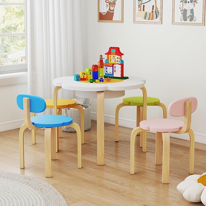 HONEY JOY Kids Table and Chair Set, Wooden Toddler Flower-Shaped Table and 4 Chairs w/Storage for Art Craft, Dining, 5-Piece Children Furniture for Daycare, Kindergarten, Playroom (Colorful + White)