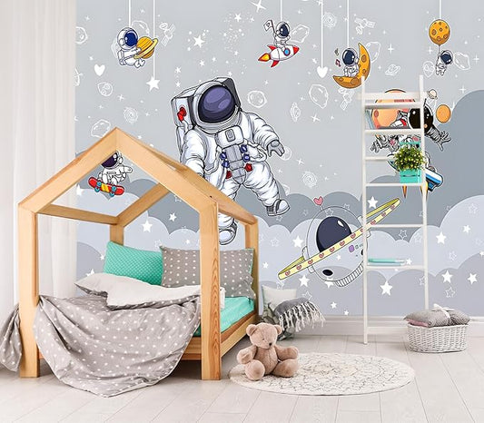 XMPMBM-3d Cartoon Astronauts Starship Nursery Room Fabric Wallpaper Hand-Painted Graffiti Planet Kids Gaming Room Wall Mural-W 88" X H 59"（36 Square Foot）