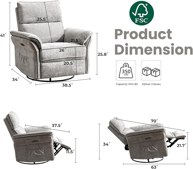 Oversized Power Recliner Chair Swivel Glider with Massage and Heat, Rocker Nursery Recliner for Adults with Adjustable Headrest, 26" Extra Wide Nursery Chair with Overstuffed Armrest,Light Grey