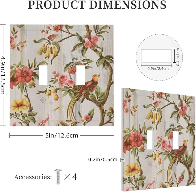 Flowers Bird Tree Retro Spring Floral Branch 2 Gang Light Switch Plate Decorative Double Toggle Wall Plate Oriental Chinese Landscape Drawn Receptacle Switchplate Decorate for Home Living Room Bedroom