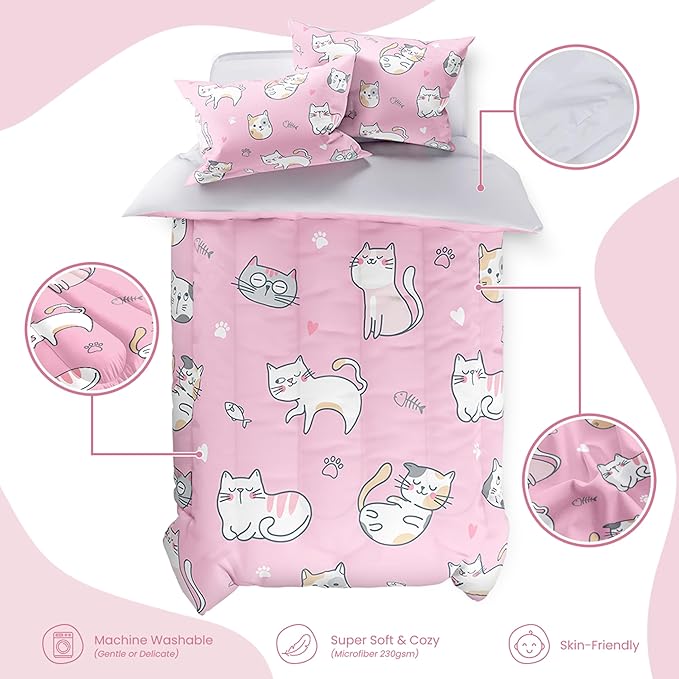 Cat Duvet Cover Sets Full Size for Kids Girls, Incude 1 Polyester Comforter Cover 80x90 Inches and 2 Pillowcases 20x26 Inches, Comforter Not Included, Gift for Christmas Birthday