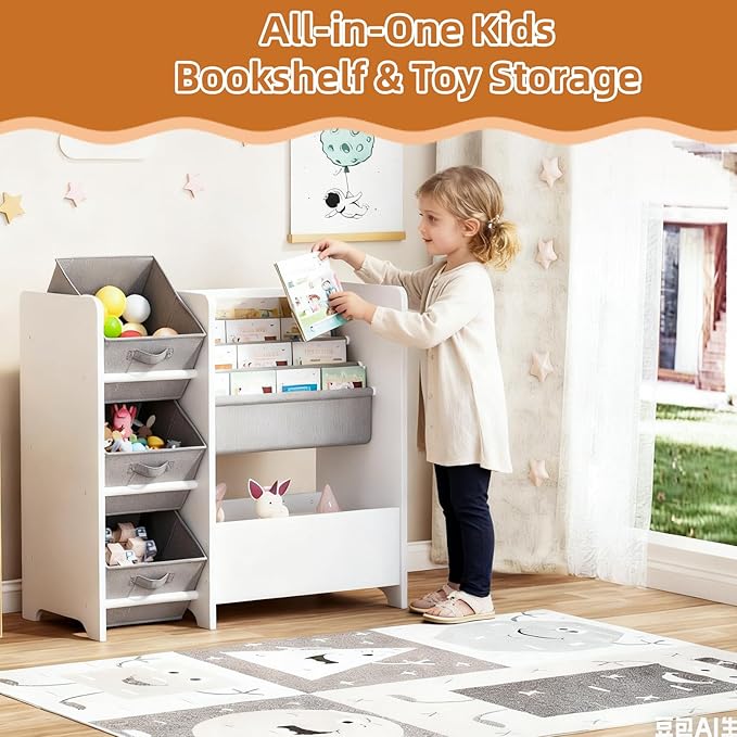 Kids Bookshelf and Toy Storage Organizer, Wooden Montessori Bookcase with Fabric Bins for Toddler, Small Room and Playroom Book Shelf for Reading Nook and Bedroom, White