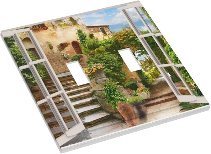 Mediterranean Greece Scene Flowers 2 Gang Light Switch Plate Decorative Double Toggle Wall Plate Italian Town from Another Window Receptacle Switchplate Decorate for Home Living Room Bedroom
