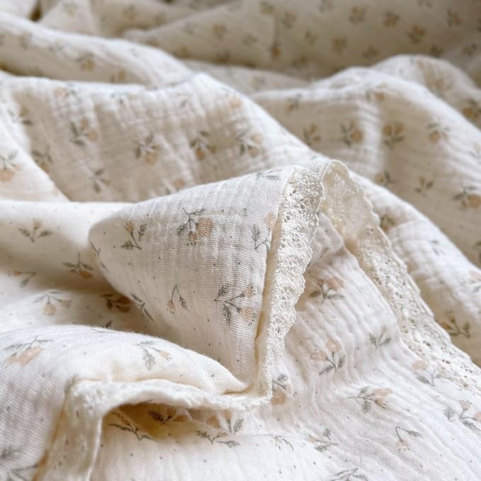 BuLuTu Kids Toddler Comforter Quilted 100% Cotton Toddler Blanket Vintage Floral Print Muslin Quilt for Child Teens Girls Boys, Soft Breathable, Sprout Pattern, 47x59 Inches