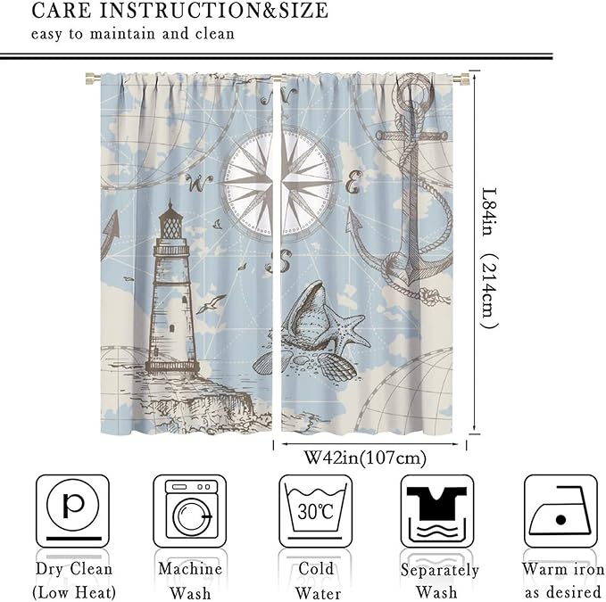 Nautical Theme Window Curtains,Pirate Sailboat Curtains for Bedroom,Conch Starfish Print Draperies for Living Room,Ocean Window Treatment Curtains Set 2 Panels,84x84 Inches