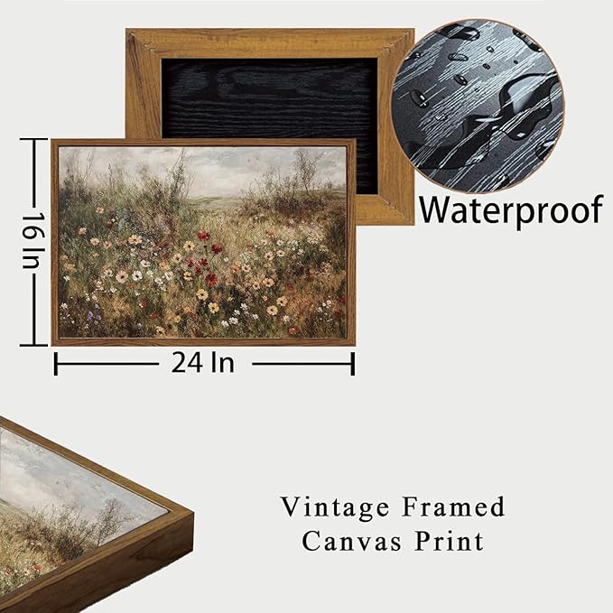 OIQArtOIQ Vintage Wildflowers Landscape Wall Art Framed Floral Natural Scenery Oil Painting Canvas Prints Country Farmhouse Fall Decor Pictures Kitchen Bedroom Living Room Bathroom