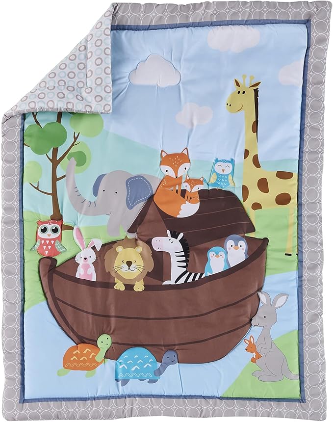 4 PCs Noah's Ark Nursery Crib Bedding Set Blue Grey Animal Theme Baby Crib Bedding Set Quilt + Skirt + Fitted Sheet + Window Valance
