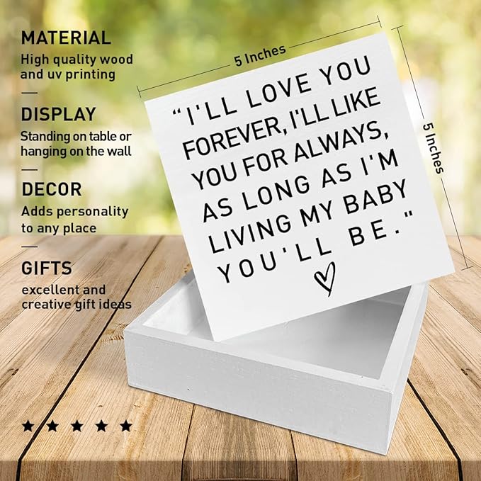 Nursery Desk Wooden Box Sign Decor, 'I'll Love You Forever', Neutral Nursery Decor for Newborn Kids & Children's Room Desk Decoration & Baby Shower Gifts