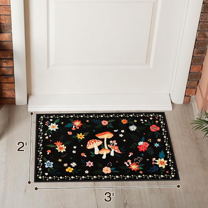 2x3 Machine Washable Area Rug, Non-Slip Small Vintage Floral Entryway Rug for Front Door, Low Pile Indoor Door Mat for Entryway, Bedroom, Dining Room & Kitchen(2x3 Black Mushroom)