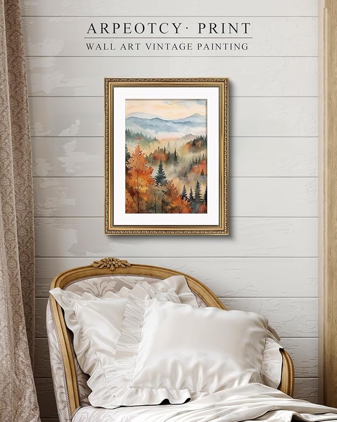 ARPEOTCY Vintage Gold Framed Large Wall Art, Classical Fall Forest Autumn Landscape Paintings, Canvas Prints Artwork with Antique Frame, Victorian Wall Picture Decor for Living Room, 16x20 inch