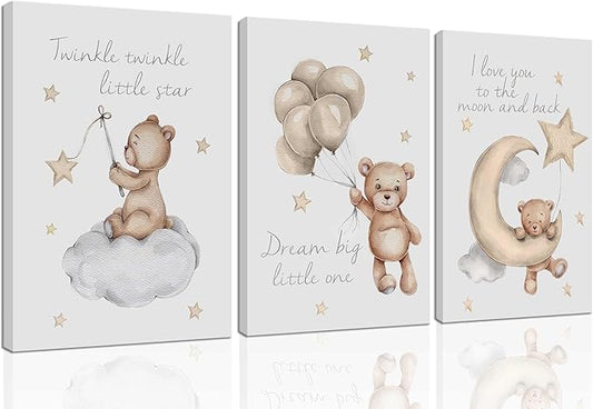 3Pcs Teddy Bear Wall Art Cute Little Bears Wall Decor Slepping Teddy Bears Posters Prints Moon Star Cloud Neutral Nursery Canvas Pictures for Kid's Room or Bedroom Painting Framed