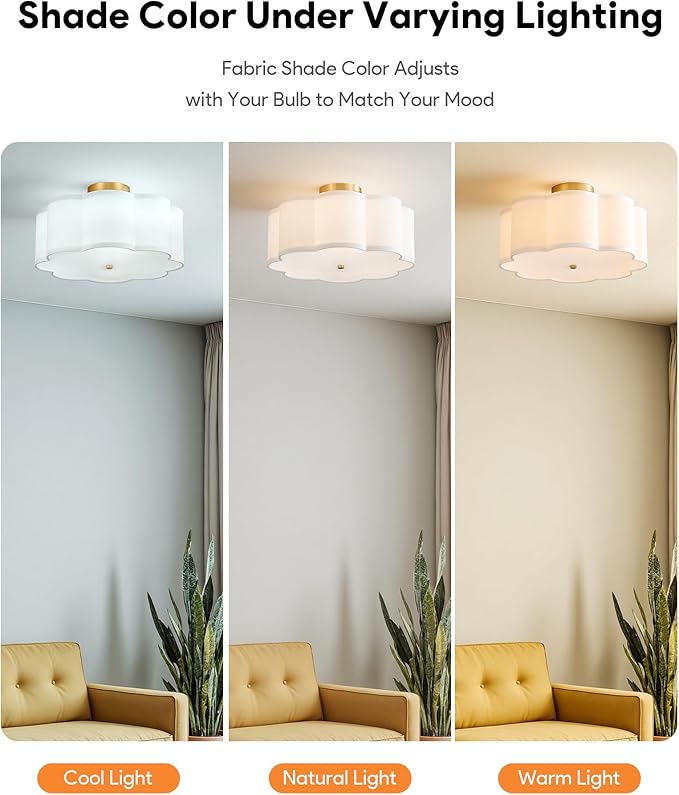 VONLUCE Semi-Flush Mount Ceiling Light, 15.7" Modern 3-Light Ceiling Light Fixture with White Petal-Shaped Shade 3 E26 Sockets for Bedroom Entryway Living Room, Gold Finish, ETL Certificated