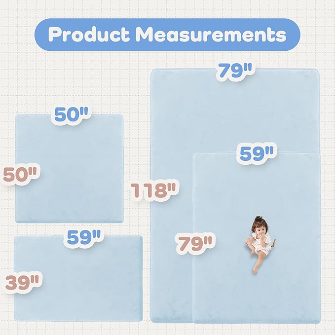 1.5" Thick Baby Play Mat for Floor, 50x50 Playpen Mat, Pro Soft Flannel Foam Mats Toddler Infant Kids Crawling for Nursery Rug Playroom Living Room Waterproof Easy Care Non-Slip (Baby Blue)