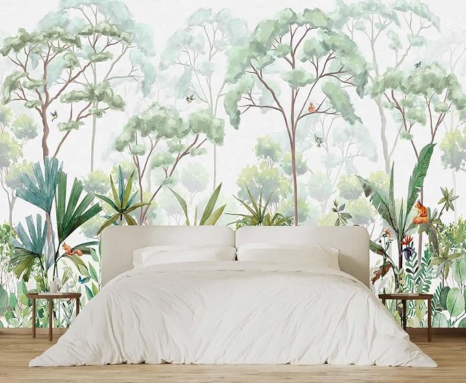Tropical Forest Wallpaper Mural Green Botanical Leaves Rabbit Wall Mural Watercolor Art for Bedroom Living Room (Not Self-Adhesive)