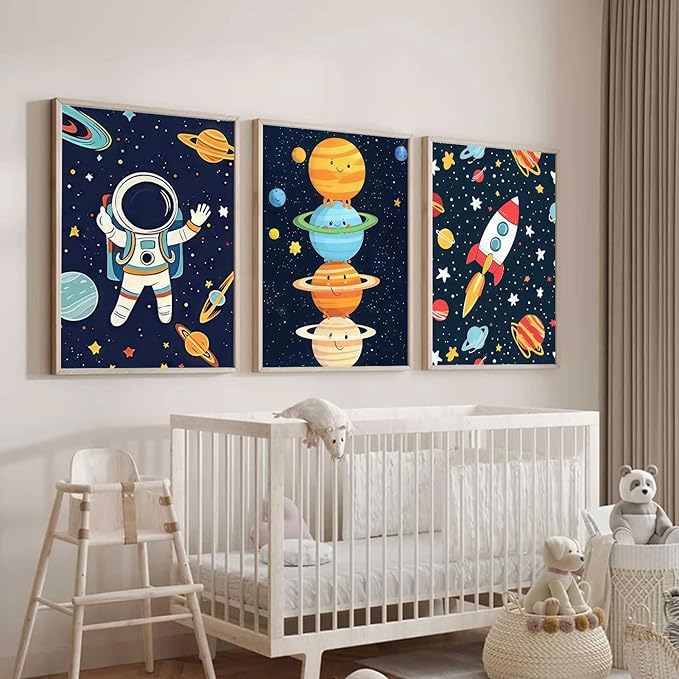3Pcs Space Nursery Wall Art Whimsical Outer Space Astronauts Kid Decor Pictures Rocket Planet Posters Prints for Boys Room Girls Room Kids Room Decoration Unframed